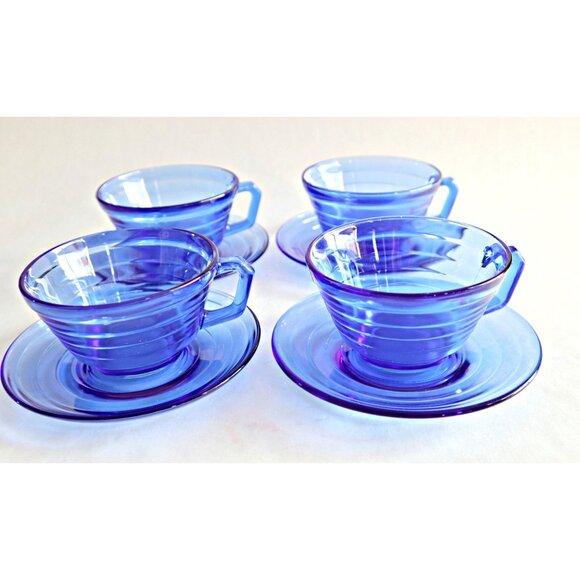 4 Cobalt Blue Modertone Cups and Saucers Depression Glass Hazel Atlas 1930's - Picture 1 of 4